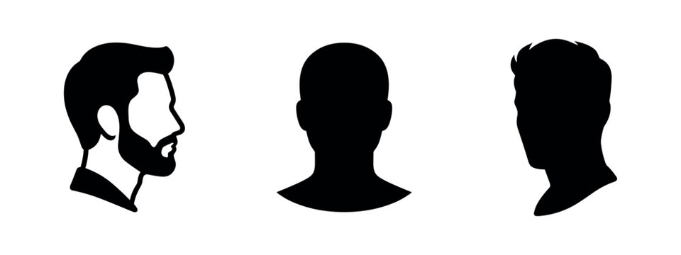 Male Head and Face Profile Icons Set, Men's Hairstyle and Beard Symbols