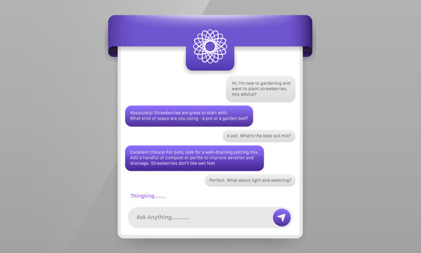 AI assistant chat window mockup showing knowledge conversation feed with purple header and input field