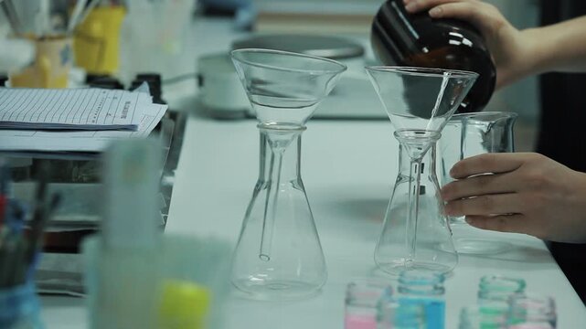 Scientist filtering clear liquid through glass funnel in laboratory