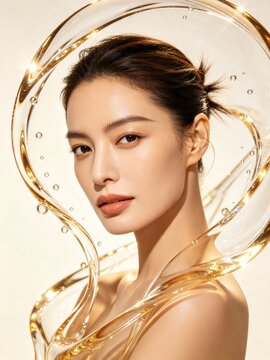 Elegant female beauty portrait with golden liquid ribbon