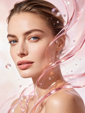 Elegant female beauty portrait with pink fluid ribbon