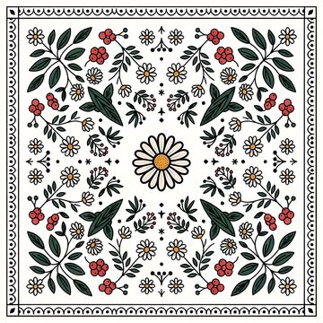 Beautiful retro botanical floral vector pattern design with daisy flowers and red berries