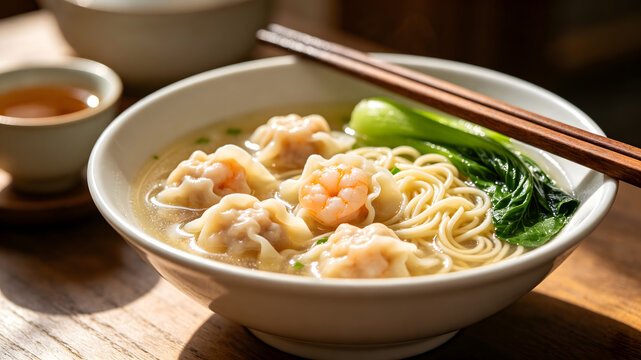 Shrimp wonton noodle soup, traditional cantonese wonton noodles with prawn dumplings, egg noodles and bok choy in clear broth