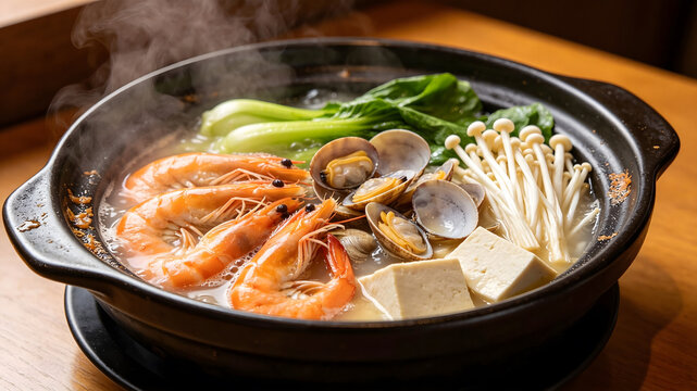 Steaming seafood hot pot casserole with prawns, clams, tofu, enoki mushrooms and bok choy, asian seafood one‑pot soup