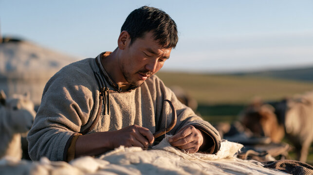 Mongolian herder stitching torn felt panel on traditional ger dwelling exterior using thick curved needle, nomadic home repair, steppe landscape background, self-sufficient