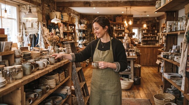 Woman working in a rustic artisan shop arranging handmade pottery and crafts