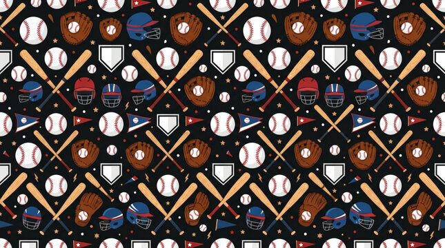 Baseball seamless pattern with bats balls gloves helmets and bases on black background