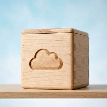 Wooden box with carved cloud design on light shelf