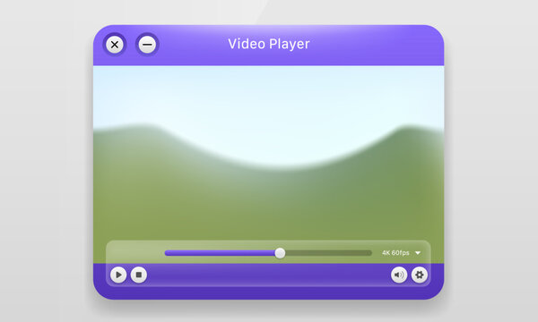Media video player window UI mockup showing purple header bar and control panel with 4K quality options