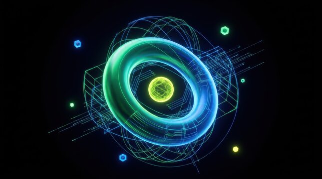 Glowing sphere inside cyan torus with wireframe rings