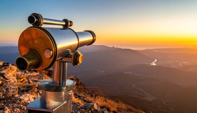 Brass Coin Telescope on Mountain Peak at Sunset