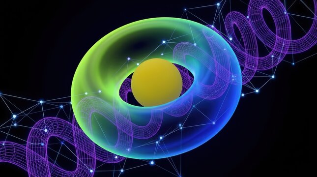 Yellow sphere inside a gradient torus with purple spirals