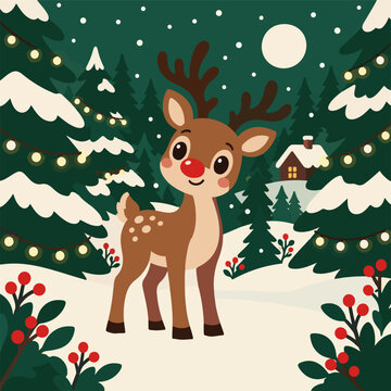 Cute Reindeer with Red Nose in Snowy Pine Forest