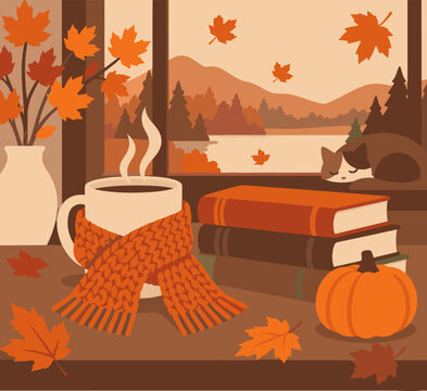 Cozy Autumn Scene with Cat Coffee Books and Maple Leaves
