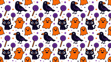 Fototapeta premium Seamless Halloween Pattern with Cute Cats Ghosts and Crows