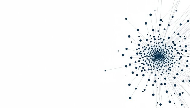 Dark blue particle network and dot cluster burst on white background with particles explosion abstract background connection technology movement splatter floating expansion structure
