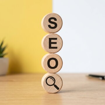 Wooden blocks forming seo acronym with magnifying glass on desk