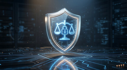 Fototapeta premium Digital security shield with a glowing scale of justice and padlock icon, representing legal compliance, data protection, and cybersecurity in a hightech server room environment