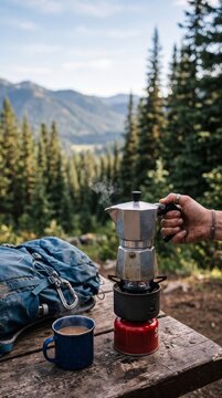 Hand Brewing Coffee with Moka Pot While Hiking on Blurred Mountain Forest Background with Copy Space, Outdoor Adventure Photography