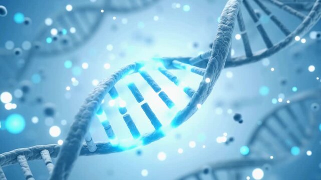 Abstract DNA helix double strand spinning with glowing medical science particles in blue background