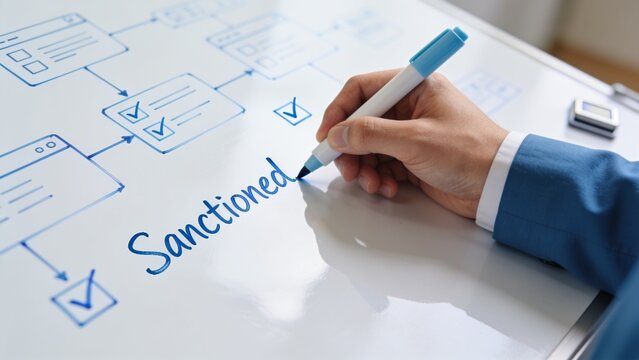 Businessman hand writing the word Sanctioned on a whiteboard with a flowchart diagram