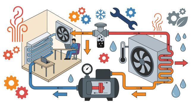 Air conditioning system working principle infographic diagram showing heat pump process.