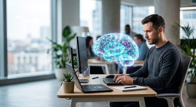 Software developer working on artificial intelligence project in a modern office with a glowing digital brain hologram floating above his desk