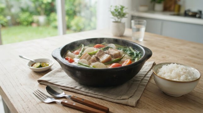 Filipino national dish Sinigang sour soup with meat and fresh vegetables.