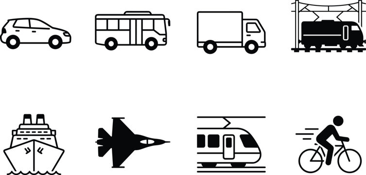 Public transportation and logistics delivery vehicle icon pack with car bus truck train plane ship bicycle graphics
