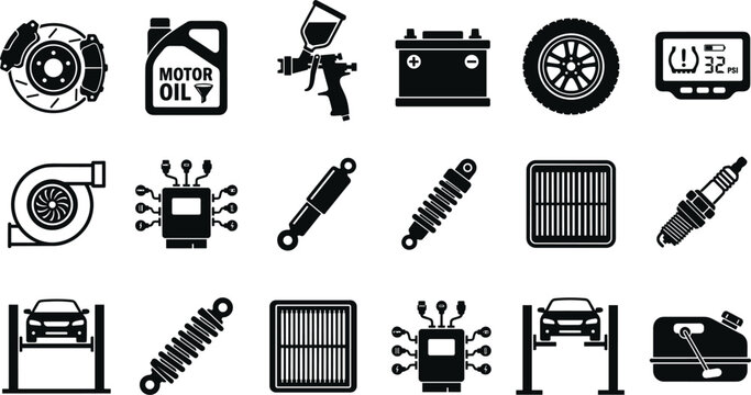 Brake disc motor oil canister tire pressure sensor air filter electronic control unit chip vector icons