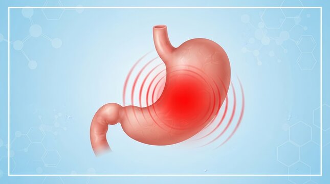 Anatomical illustration of the stomach experiencing digestive pain and inflammation.