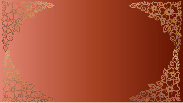 Terracotta brown gradient background with ornate gold floral mehndi henna border