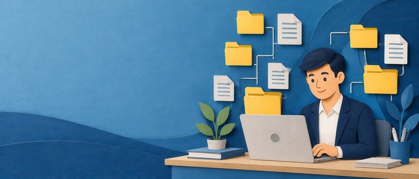 paper cut illustration of a business professional at a laptop among yellow folders and white documents on layered blue background