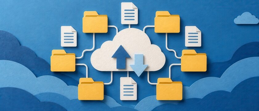Layered paper cloud storage with yellow folders connected by paths and upload and download arrows