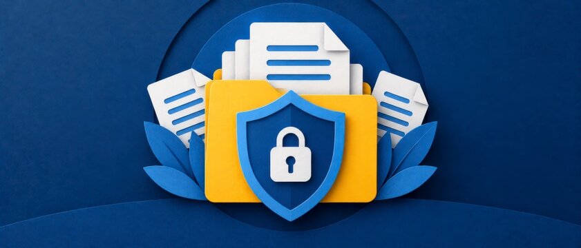 Secure document storage concept with a yellow folder protected by a layered blue shield and confidential papers