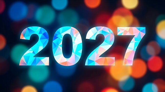 Prismatic low poly 2027 numerals glow on colorful blurry circle lights background creating festive graphic resource for calendar design and digital invitations.