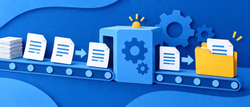 Document processing workflow with papers moving through a blue gear driven system into a yellow folder