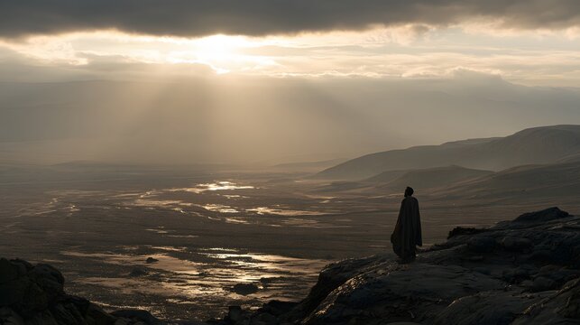 A solitary figure in a cloak standing on a rocky precipice overlooking a vast, reflective valley at sunset