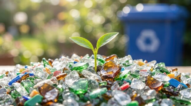 Small green sprout growing from pile of recycled glass shards outdoors