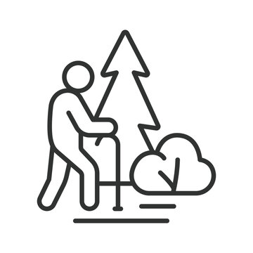 Elderly man walking in nature icon in line design. Senior, health, outdoor, forest, disability, stick, park, tree on white background vector. Elderly man editable stroke icon.
