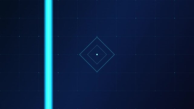 Quantum computing glitch scan line on digital blue grid background