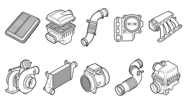 Automotive air intake components with filters hoses throttle set line drawing vector designs