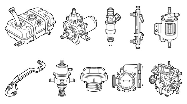 Automotive fuel components with injectors pump filter regulator set line drawing vector designs