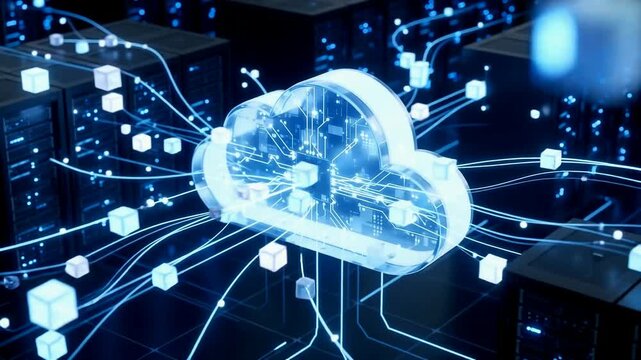 Glowing digital cloud server processing data with floating data cubes in a modern data center