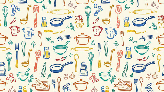 Seamless pattern with colorful hand-drawn kitchen utensils, cookware, pans, whisks, ladles, spices and herbs on cream background. Perfect for food, cooking and recipe designs.
