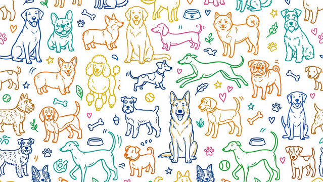 Seamless pattern with colorful line art dogs including labrador, poodle, corgi, german shepherd, dachshund and pug. Perfect for pet shop branding, veterinary design and dog lover merchandise.