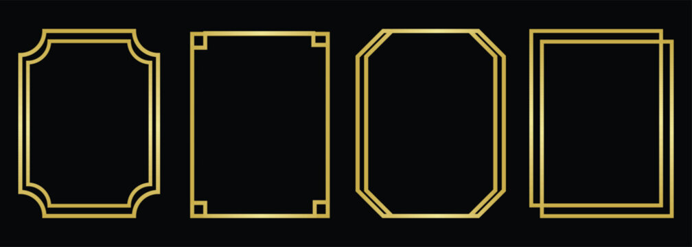 Thin golden frame set. Gold geometric border collection in art deco style. Thin linear shining rectangular shape bundle. Brass glowing shiny boarder element pack for photo, cadre, poster, card. Vector