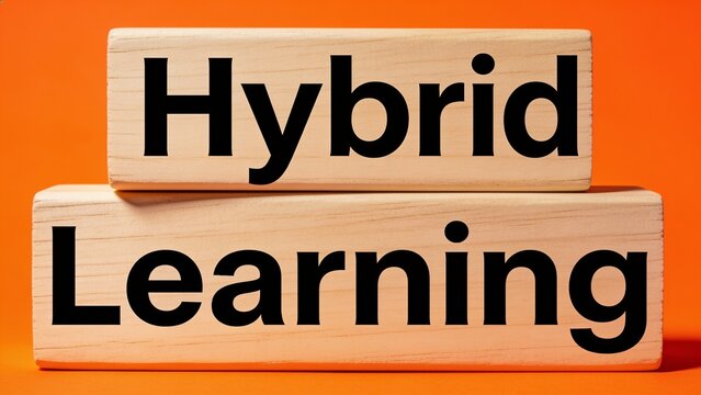 Wooden blocks spelling hybrid learning concept on orange background