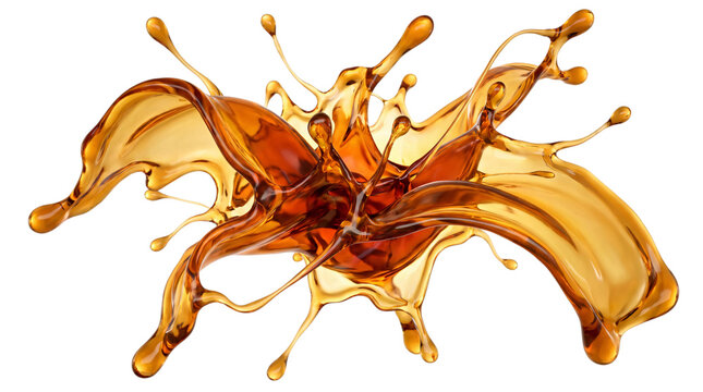Explosive amber liquid splash formation on transparent png on transparent background