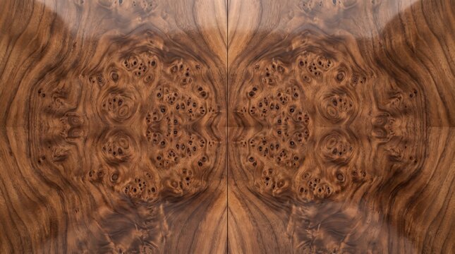 Luxury walnut burl wood veneer texture with a symmetrical bookmatched pattern and polished glossy finish